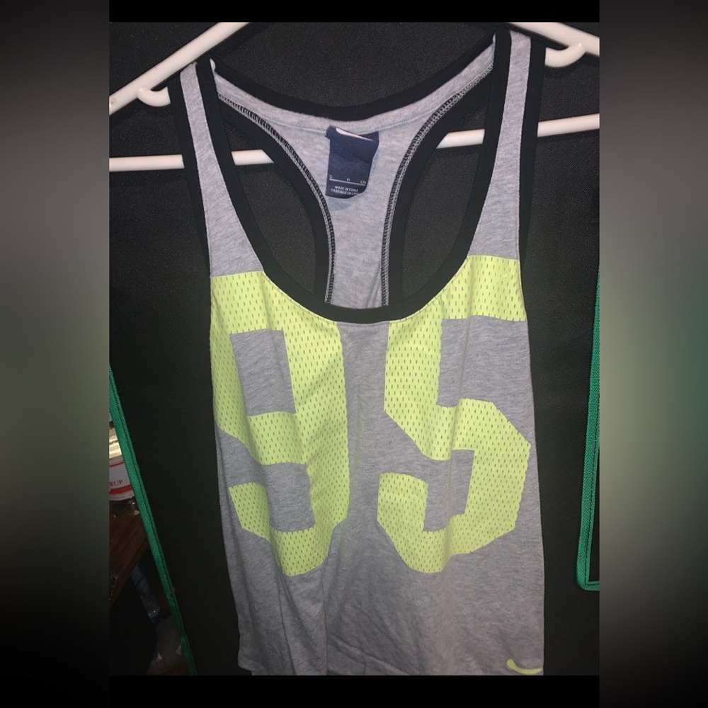 NIKE Prep Graphic 95 Tank Gray Neon Lime Green Mesh Racerback Poly Cotton Small